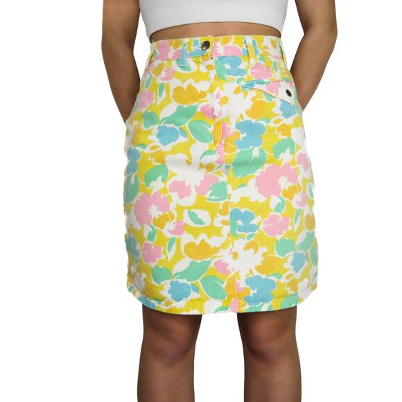 1990s Vintage Union Bay Yellow Pastel Floral High Rise Denim Mini Skirt 26" - Picture 1 of 10